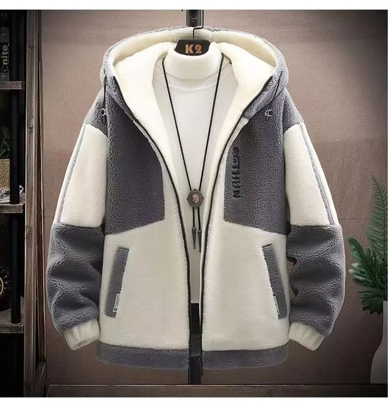Herbst- und Wintermantel für Herren aus Sherpa-Kapuze, lose, trendige Marke, körniger Veet-Baumwollmantel, verdickt, kontrastierende Farbe, einfach_voghion.com