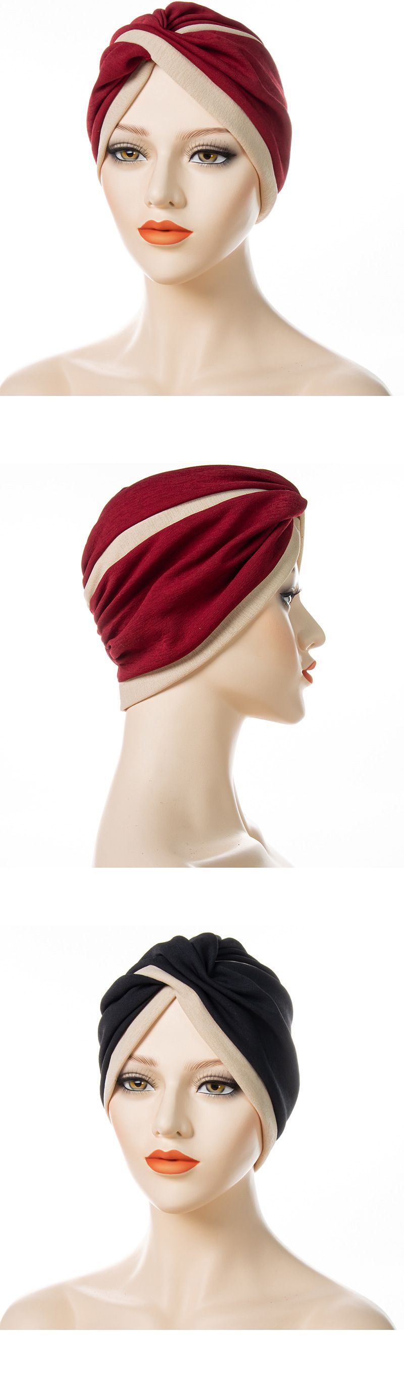 Muslim headscarf Twist Indian Hat Two-tone Patchwork Forehead Cross Fold Muslim Women's Headscarf Hat_voghion.com