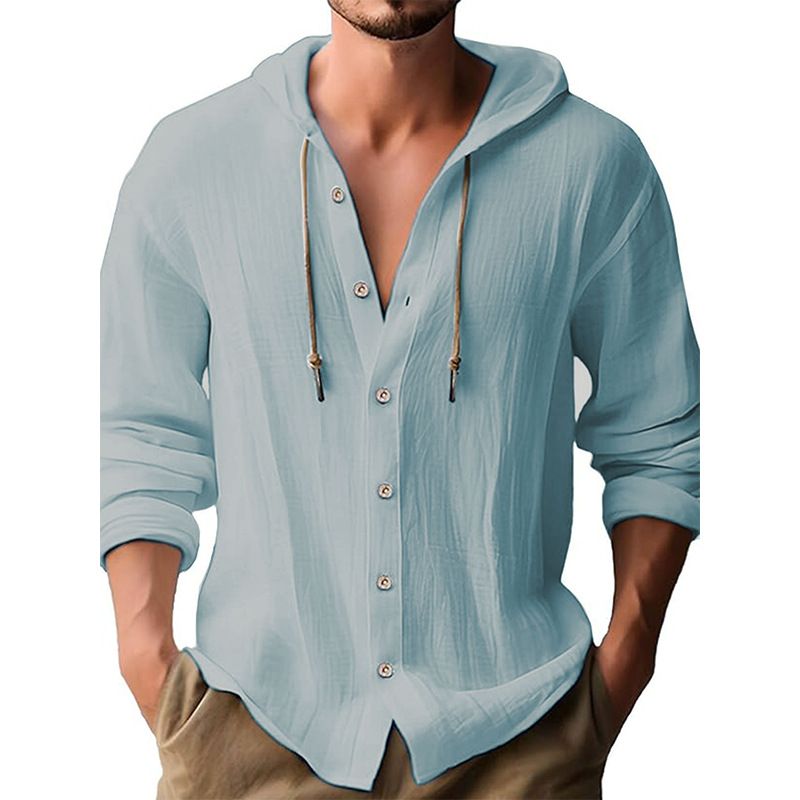 Maglietta casual a maniche lunghe con cappuccio e coulisse in cotone e lino, tinta unita, da uomo, alla moda, da abbinare a qualsiasi outfit, da spiaggia_voghion.com