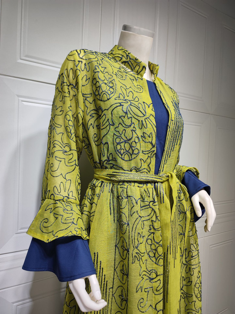 Damenbekleidung Nahöstliches muslimisches Abendkleid für Frauen mit Lotusblattärmeln, neues zweiteiliges Kleid, Jalabiya-Robe_voghion.com