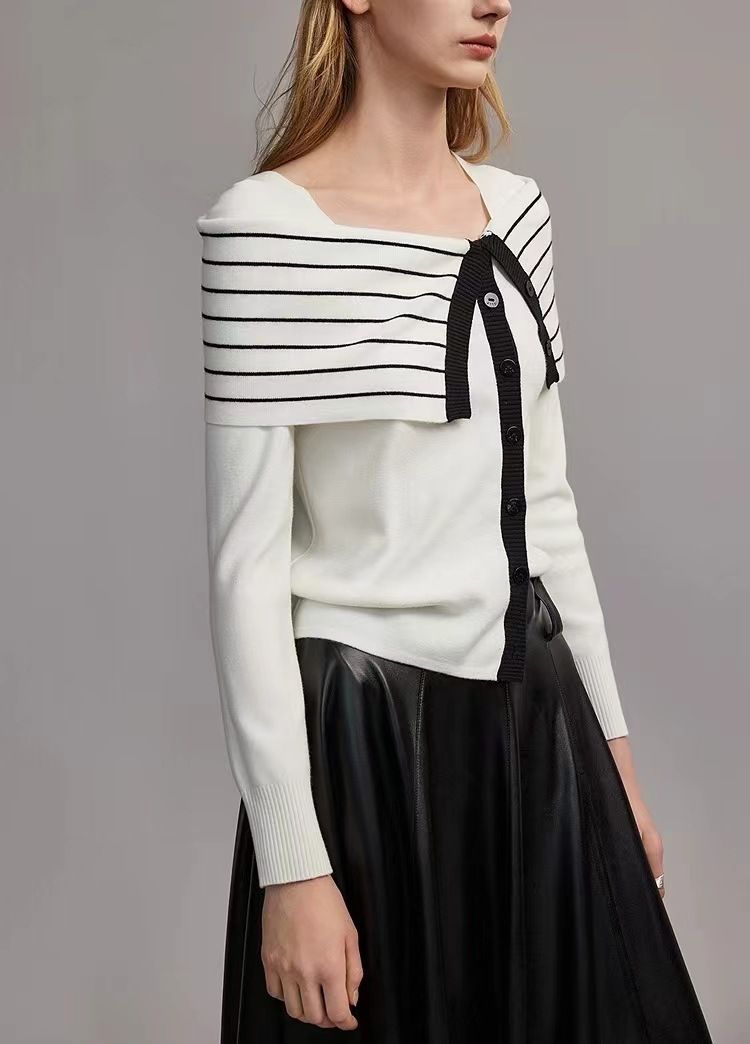 Women's Clothing Black And White Striped Two Piece Slim Wool Sweater New Design Temperament Sweater_voghion.com