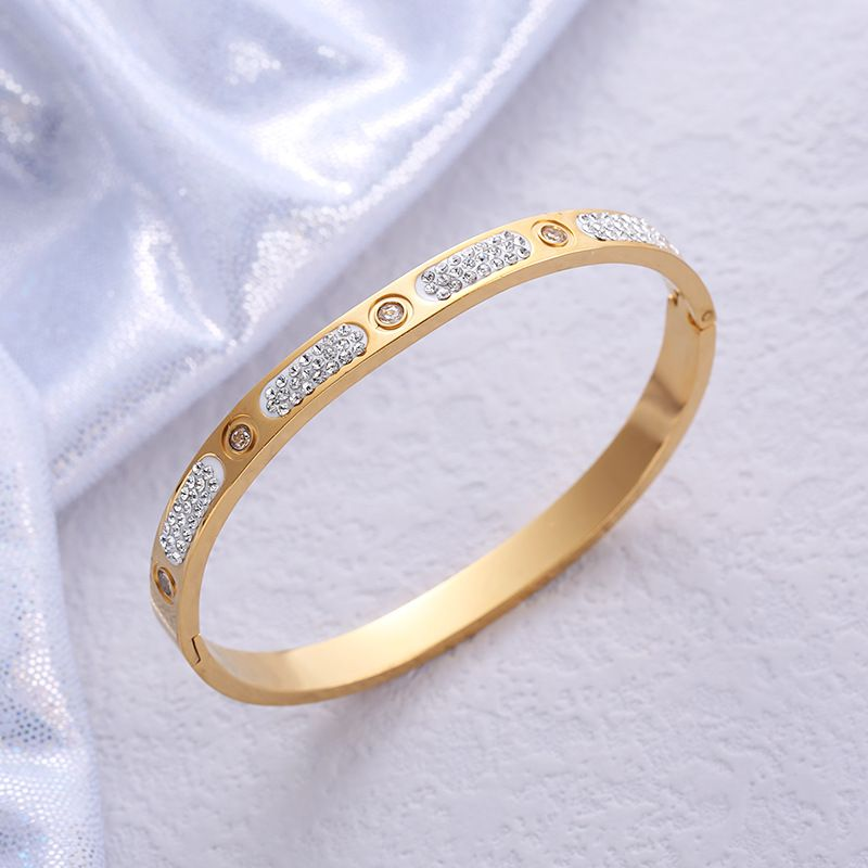 Wholesale Lady Solid Color Stainless Steel Gold Plated Zircon Bangle_voghion.com
