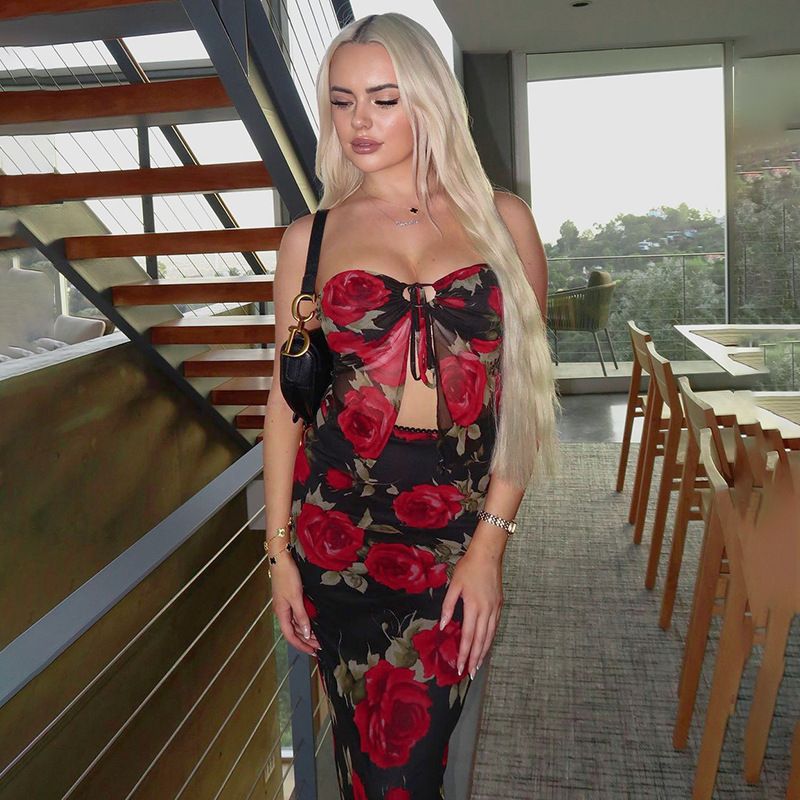 Women's Clothing Fashion Mesh Printed Tube Top Skirt Suit Summer New Slim Fit_voghion.com