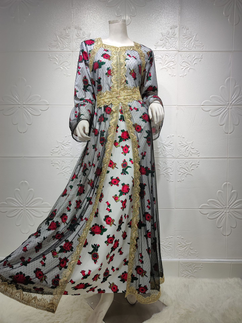 Damkläder tryck broderi spets mesh klänning dubai muslimska muslimska kvinnor_voghion.com