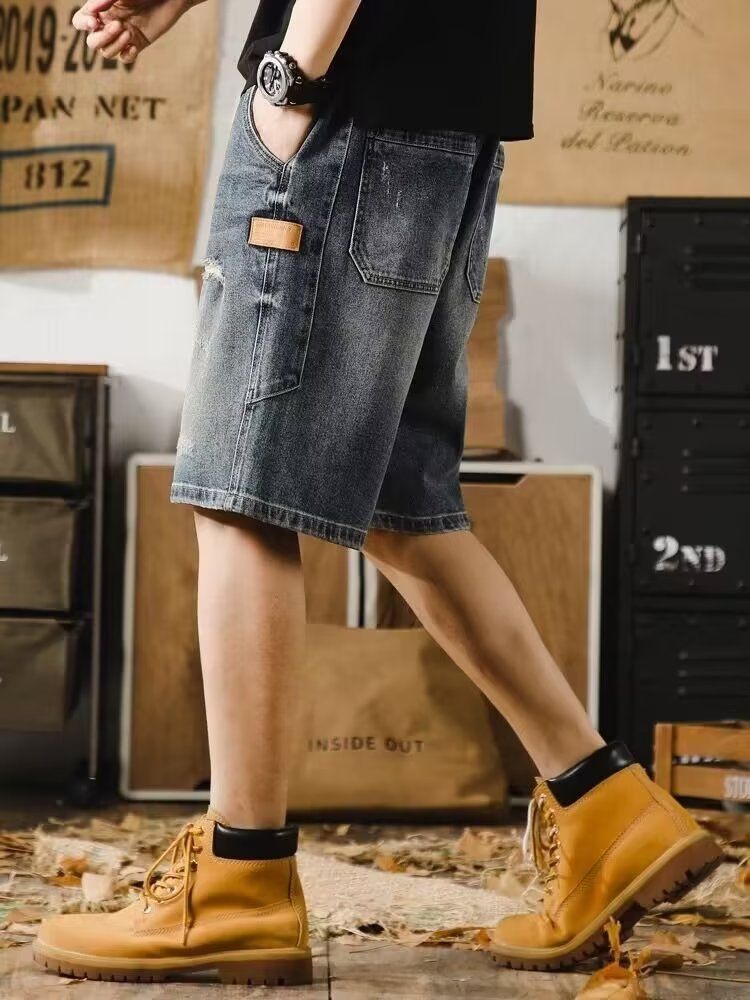 2023 Summer Thin Shorts, Men's Slim Fit Jeans, Trendy Brand Stretch Pentagram Pants, Fashionable Youth Casual Mid Pants_voghion.com