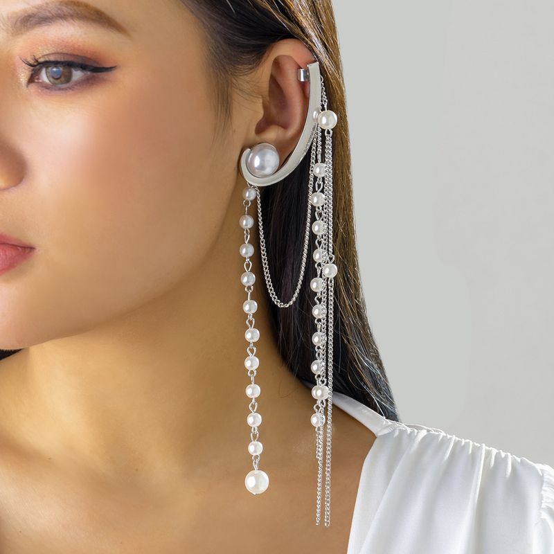 Jewelry Temperament, Long Chain Tassel Design, Elf Ear Clip, Niche, Sweet And Cool Artificial Pearl Earrings_voghion.com