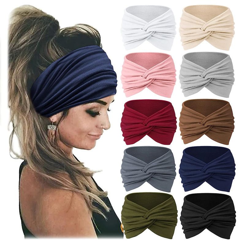 New Women's Wide Edge Hair Band Solid Color Elastic Headscarf Men's Sports Yoga Running Fitness Antiperspirant Cotton Headband_voghion.com