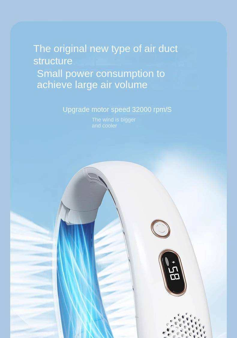 Ventilatore silenzioso indossabile portatile per interni ed esterni, a mani libere, senza lama, a 360°, batteria da 12000 mAh, ricaricabile tramite USB, 3 velocità, bianco e blu_voghion.com