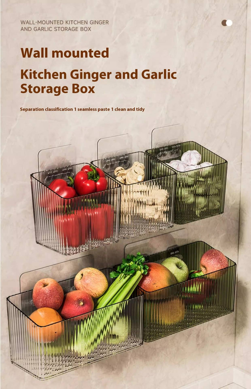 An der Wand montierter Aufbewahrungskorb aus Kunststoff für Zwiebeln, Knoblauch und Ingwer – Hängender Küchen-Organizer ohne Bohren mit Haken, platzsparendes Gewürzregal für die Arbeitsplatte_voghion.com