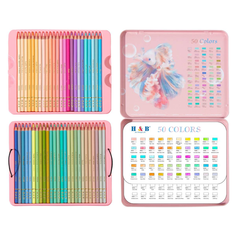 H&B 50 Colors Macaron Oil-Based Colored Pencils Set With Pink Tin Case - Soft & Vibrant Shades For Drawing, Sketching, And Art Projects_voghion.com