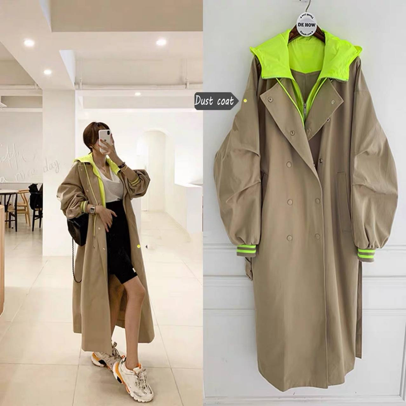 Door Seoul geïnspireerde oversized utility trenchcoat – Unisex lange duster met gestructureerde revers (één maat, retro werkkleding revival uit de jaren 90)_voghion.com