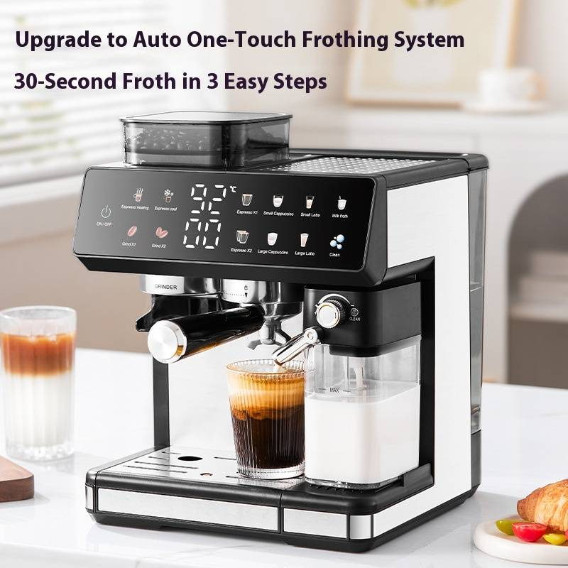 ZZUOM Kommerzielle Espressomaschine mit automatischem Milchaufschäumer, Doppelextraktion, Mahlwerk, Touchscreen, 1,8-l-Tank, Edelstahl_voghion.com