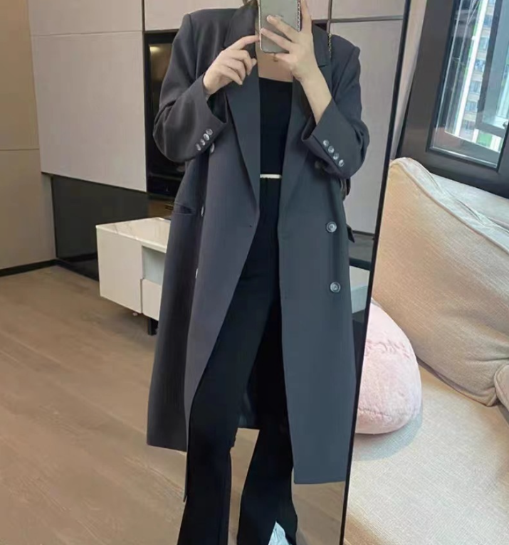 Kore Büyük Boy Blazer Ceket - Kadınlar İçin Çift Yaka Uzun Trençkot Ceket (S-XL, Siyah/Kahve/Gri, Çiçek Desenli Kol ve Çıkarılabilir Kemer)_voghion.com