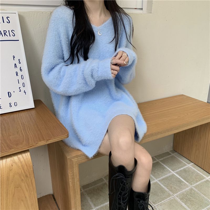 Imitation Mink Soft Waxy Sweater Women's V-neck Thin Medium And Long Pullover Knitted Sweater_voghion.com