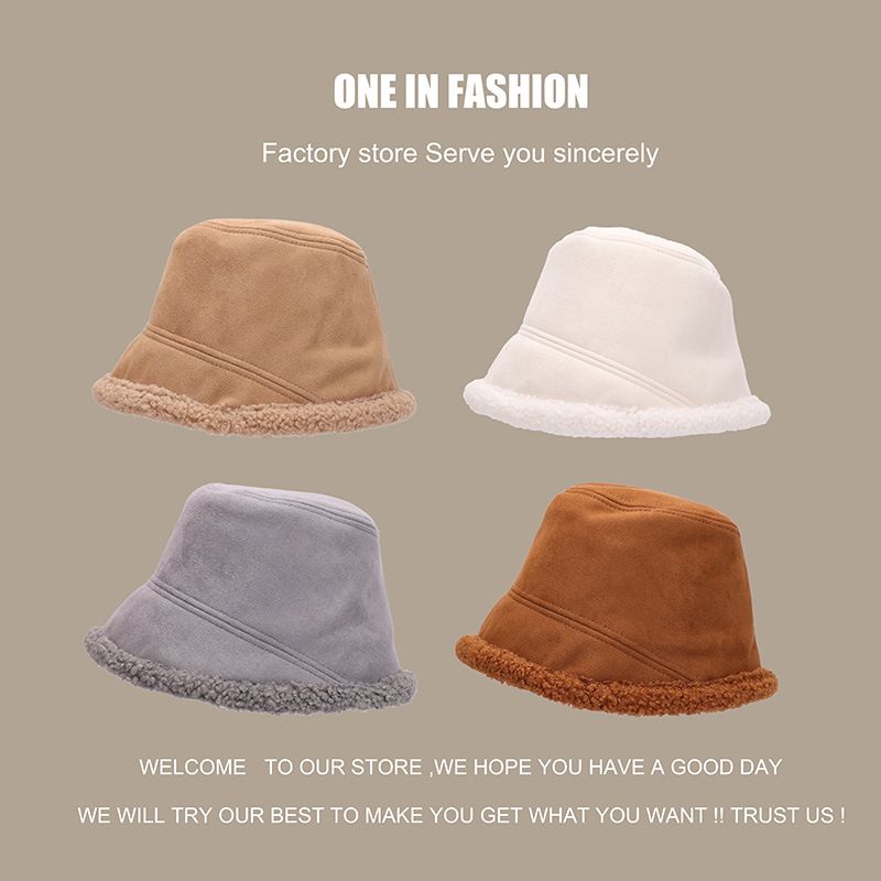 Plain Face Covering Versatile Suede Fisherman Hat Lamb Wool Autumn and Winter Face Small Solid Color Bucket Hat Basin Hat_voghion.com