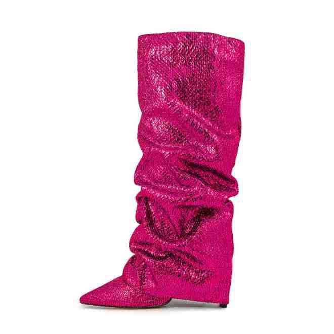 2025 New Thick Slip-On Plus Size Fashion High Heel Ruched Pile Boots Performance Skirt Pants_voghion.com