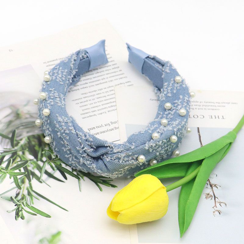 Fascia per capelli in denim blu con nodo largo e perle, alta corona, moda, in saldo, accessori per capelli da esterno_voghion.com