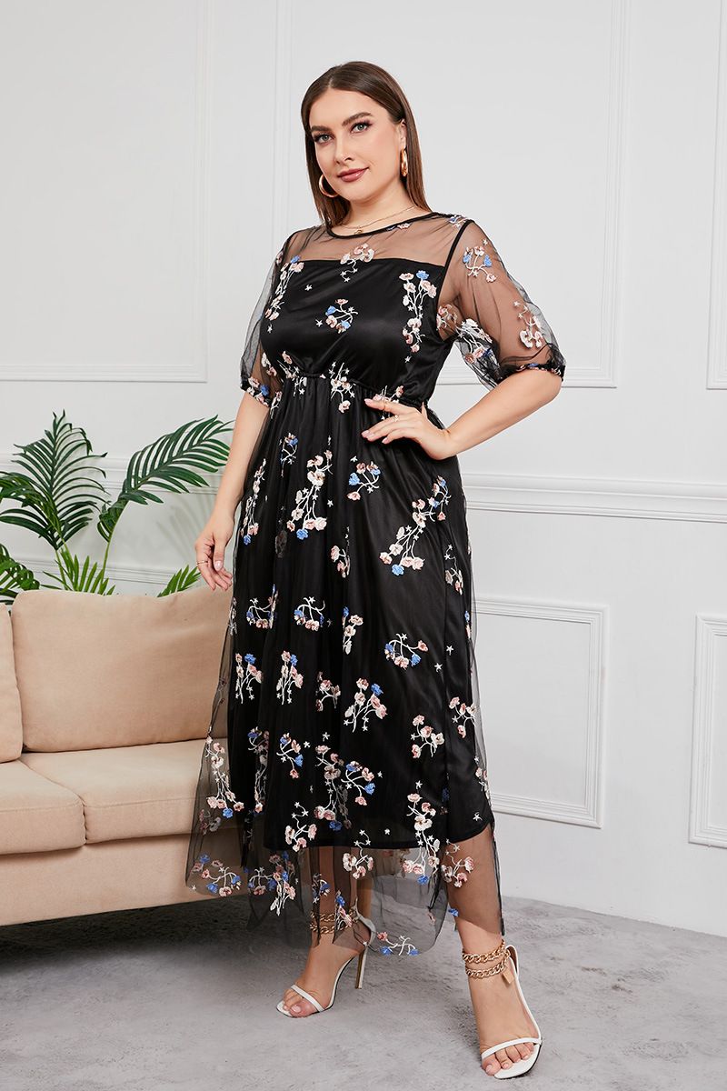 Sukienka damska plus size, wieczorowa, kobieca, haftowana siateczka, bankietowa, imprezowa, midi_voghion.com
