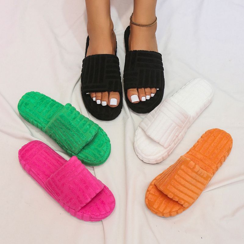 Women's one word thick bottom solid color towel fabric woolly slippers_voghion.com