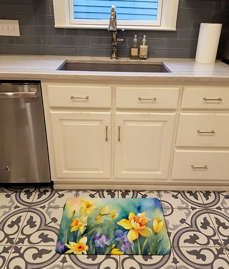 Daffodils In Watercolor Memory Foam Kitchen Mat Machine Washable Anti-Fatigue Mat Cushion Comfort Bath Mat Or Kitchen Rug_voghion.com
