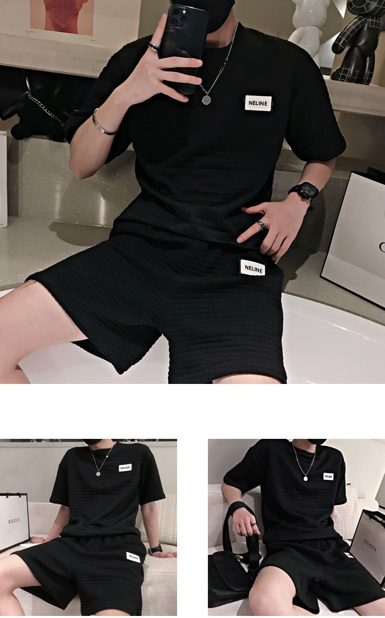 Waffle style short shorts for summer 2022 new men's half sleeved ruffled and handsome casual loose fitting sports_voghion.com