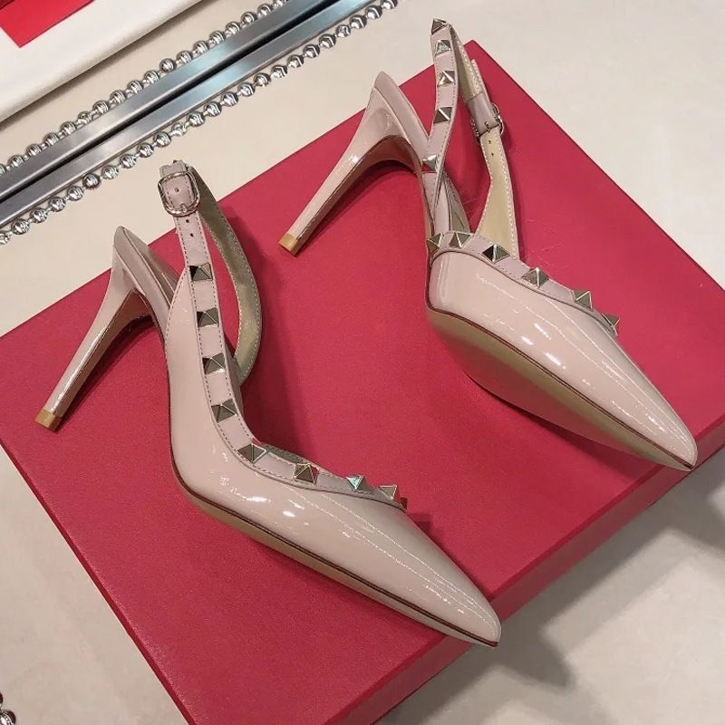 Correctly Labeled V Home Rivet High-Heeled Straight Strap Sandals, Pointed Mid High Leather Thin Heels, Toe Caps,_voghion.com