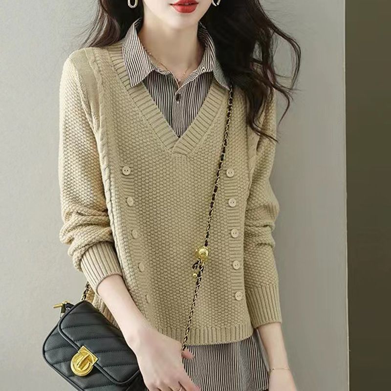 Maglione da donna con colletto impiombato in due pezzi lavorato a maglia per la nuova primavera e autunno 2025, intimo e capispalla_voghion.com