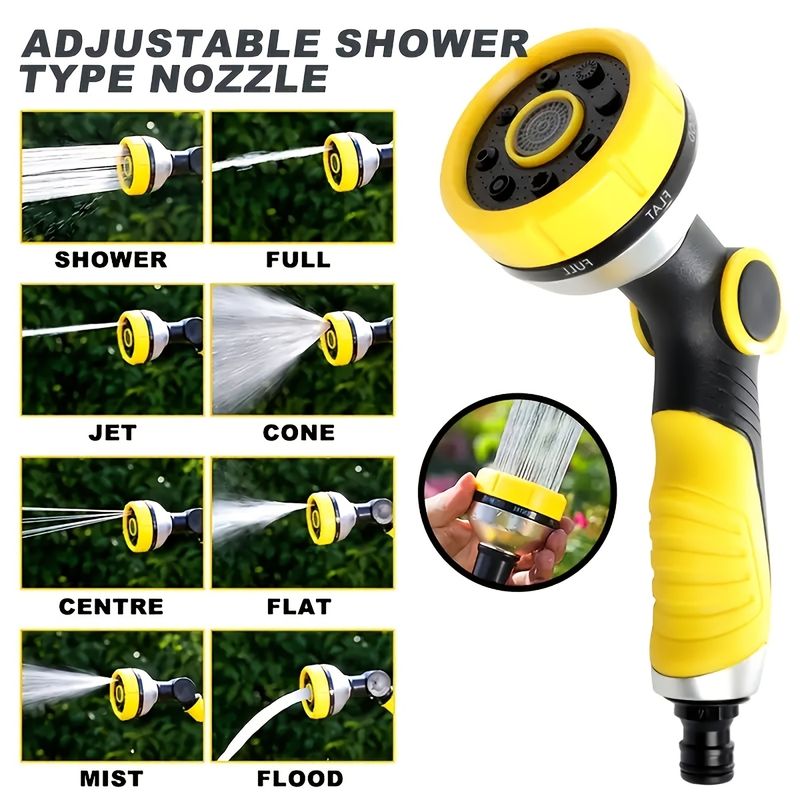 One Yellow 8-function Handheld Water Sprinkler To Upgrade Your Garden, Made Of ABS Resin, With An Adjustable Nozzle, Suitable For Car Washing_voghion.com