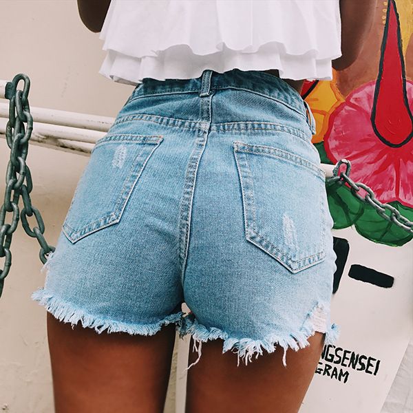 Damkläder Retro Ins Heta Klassiska Stil Sidoslits Rivna Kattklo Hög Midja Denimshorts Hotpants_voghion.com