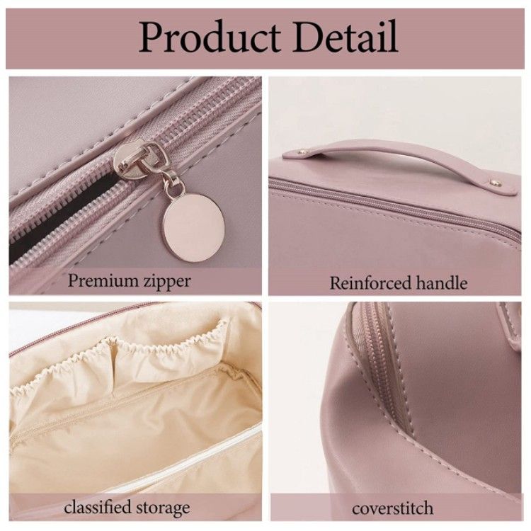 Large capacity travel makeup bag with PU leather waterproof carrying handle compartment multifunctional bag for makeup and toiletries_voghion.com