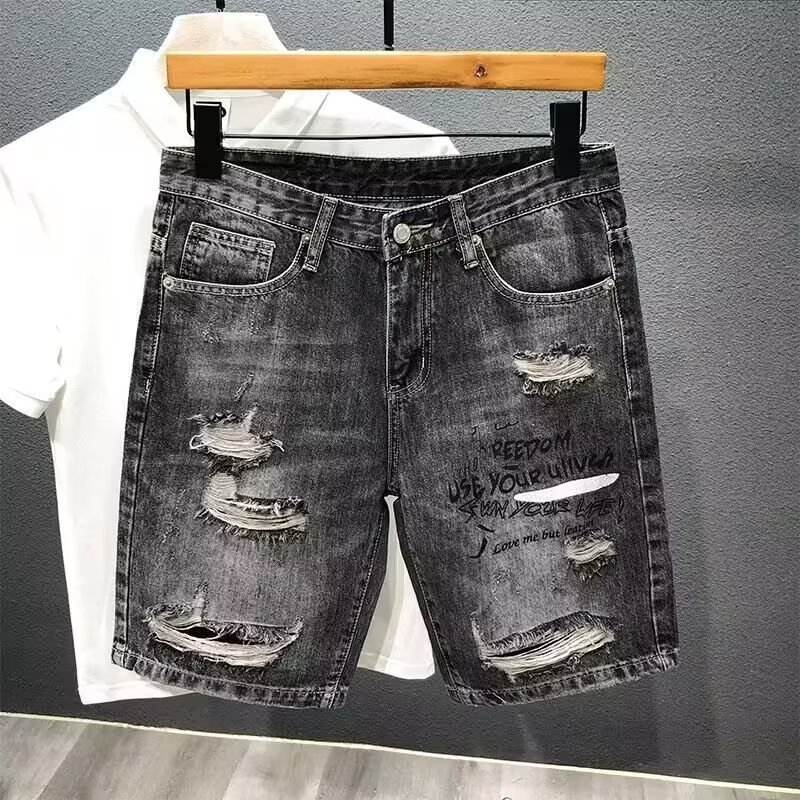 Pantaloncini cargo in denim da uomo, con cuciture irregolari, stampati, di marca Luffian, pantaloni a cinque quarti con fiori_voghion.com