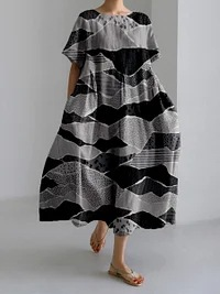 Damenbekleidung Lockeres Rundhals-Mode-High-End-Kurzarm-Printkleid_voghion.com