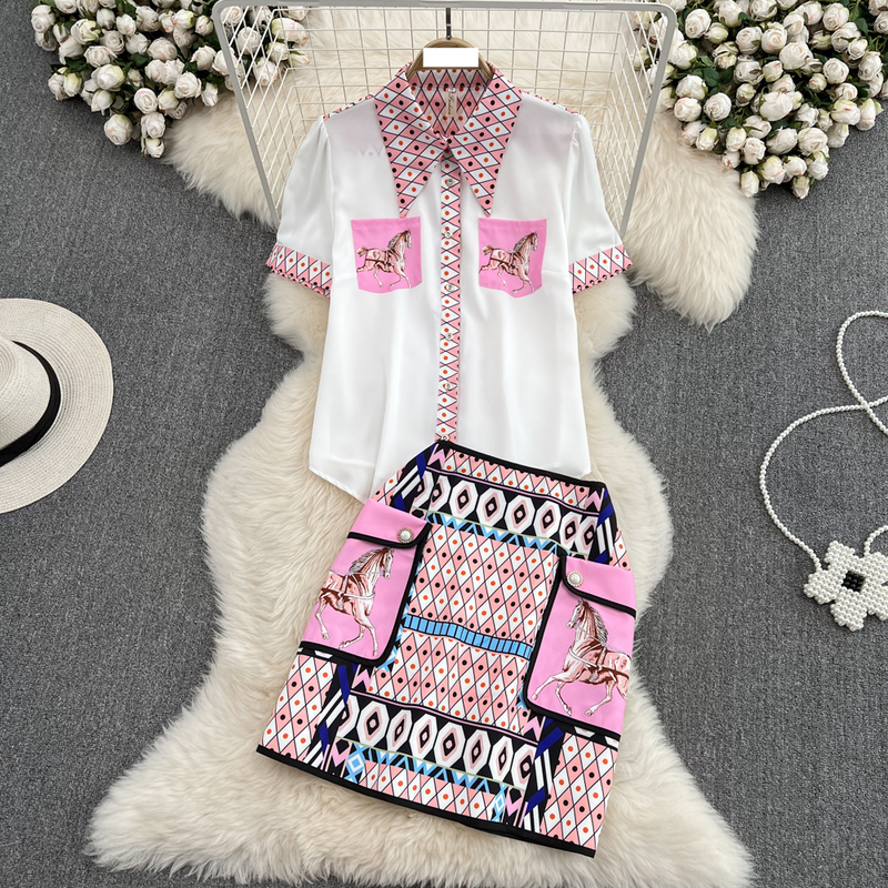 Ženska oblačila, srajca s potiskom s kratkimi rokavi, krilo z visokim pasom in žepom_voghion.com