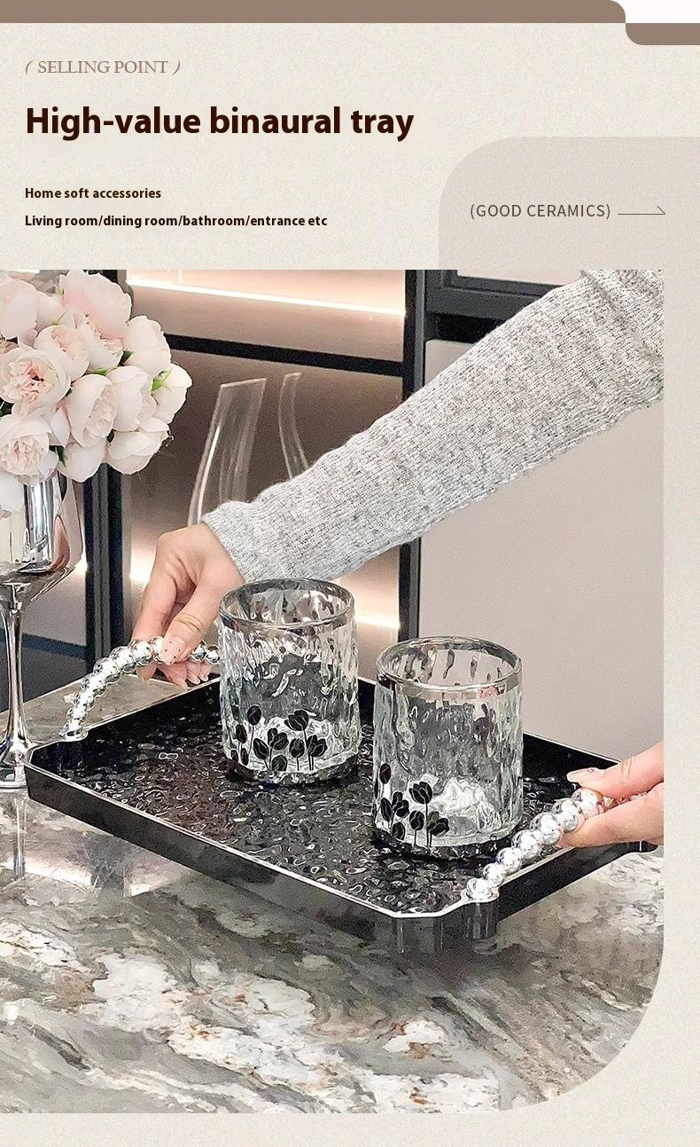 Bandeja estética com ondas e alças - Organizador de copos de cozinha de dupla função e decoração de entrada, acessório fotográfico elegante para decoração de casa_voghion.com