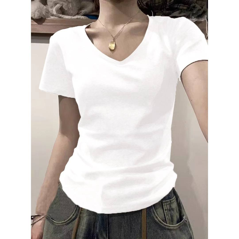 Pure Cotton Straight-shoulder V-neck, Slimming And Figure-hugging Base Layer T-shirt, Women's Plus-size, Cinched Waist, Black Short-sleeved Summer_voghion.com