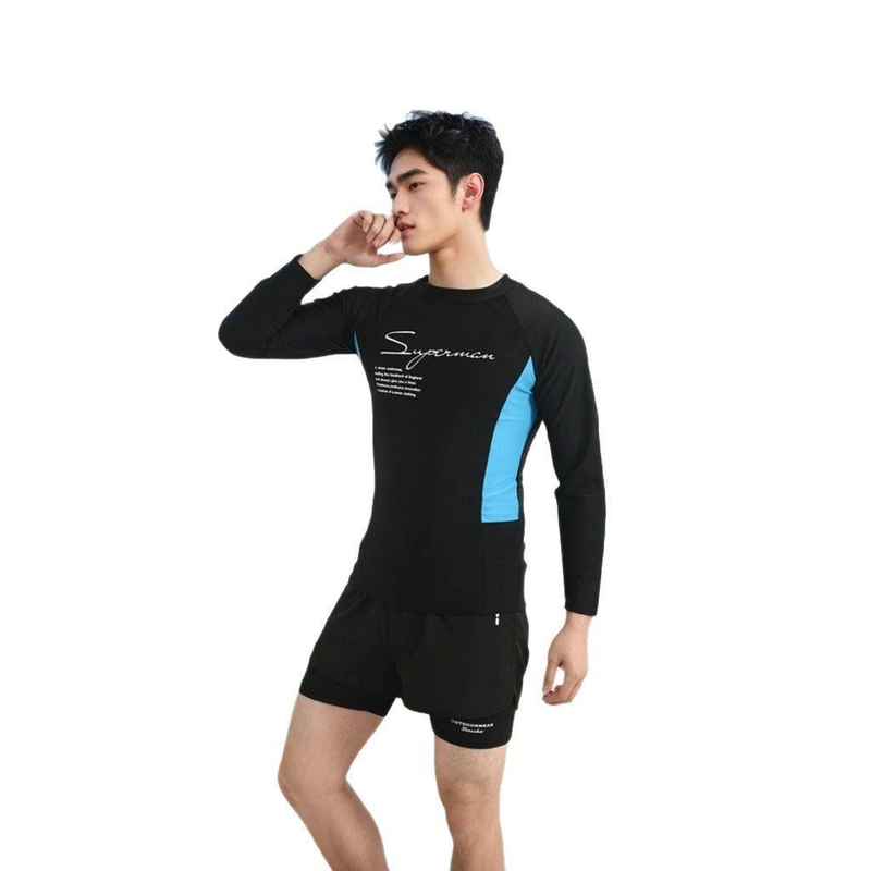 Zweifarbiges Herren-Badeanzug-Set, zweiteiliges langärmeliges, sonnenschützendes, schnell trocknendes Schwimmtrainingsset für Erwachsene in großer Größe_voghion.com