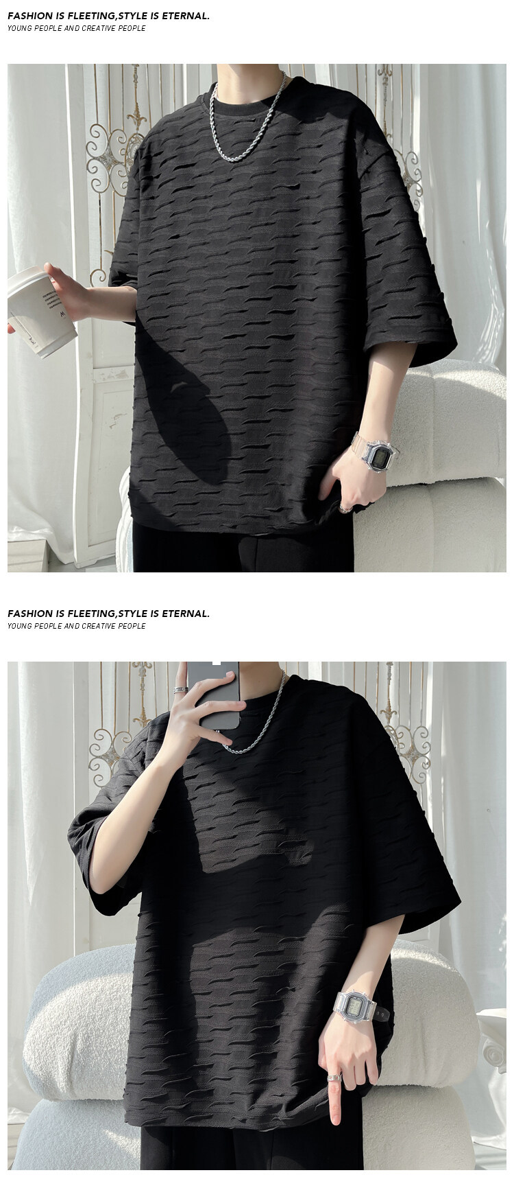 Herrenbekleidung Strukturiertes Kurzarm-Pullover-Top mit Rundhalsausschnitt_voghion.com