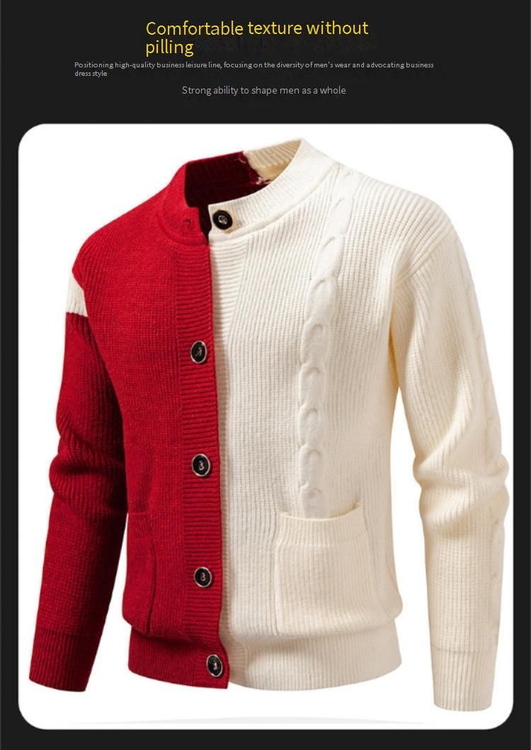 Herren-Strickpullover mit Farbblockmuster, dicke Strickjacke, lässiger Cardigan in lockerer Passform (Grau, Schwarz, Rot) – Größen M bis 3XL_voghion.com