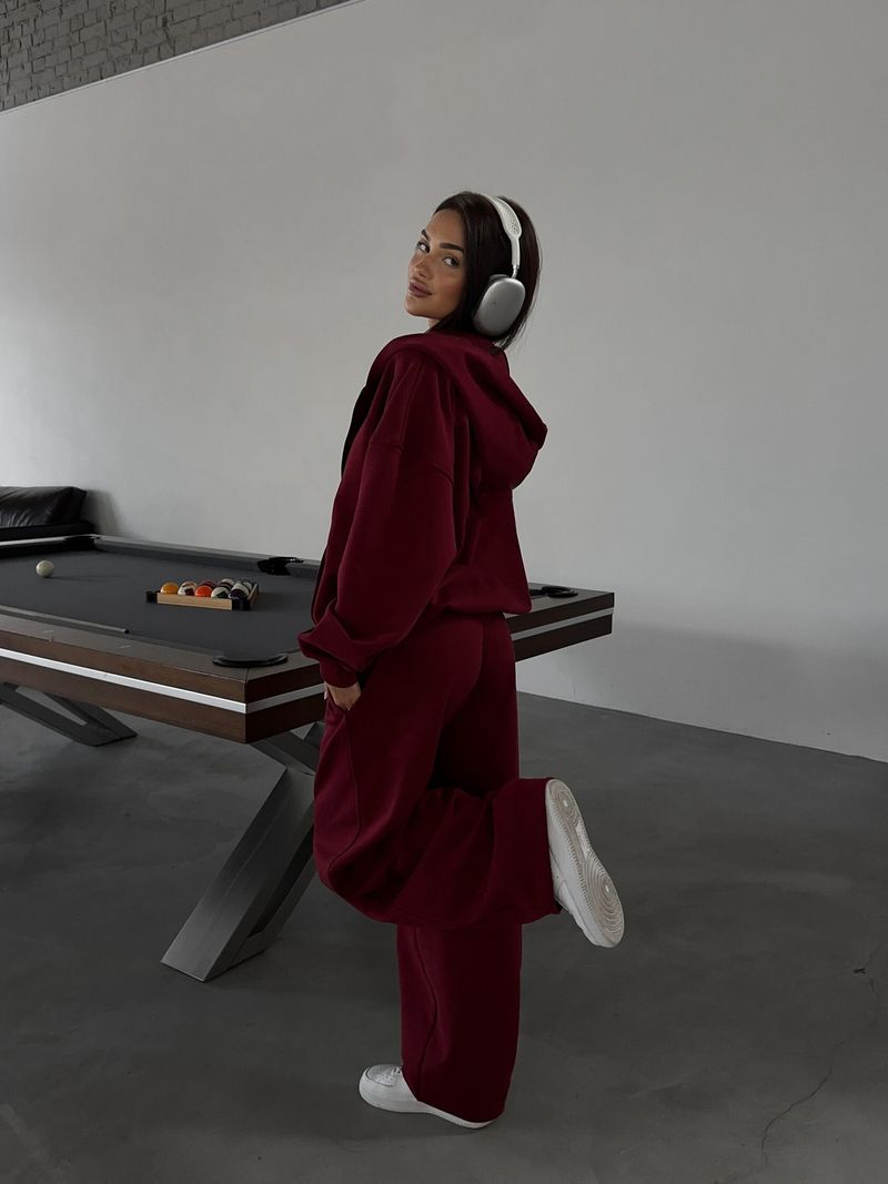 Abbigliamento da donna Urban Streetwear Felpa con cappuccio e pantaloni jogger Set per donna - Completo casual a due pezzi con maniche lunghe in grigio chiaro, rosso vino_voghion.com