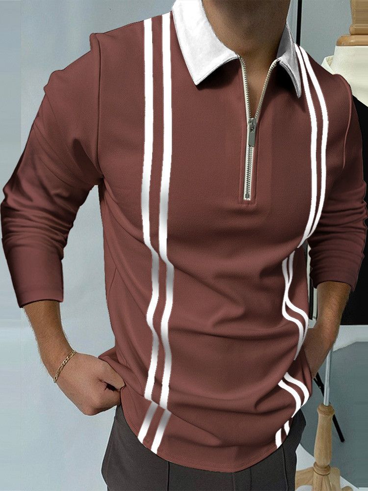 2025d New Polo Shirt Color Block Striped Pattern Men's Stretch Casual Long Sleeve_voghion.com