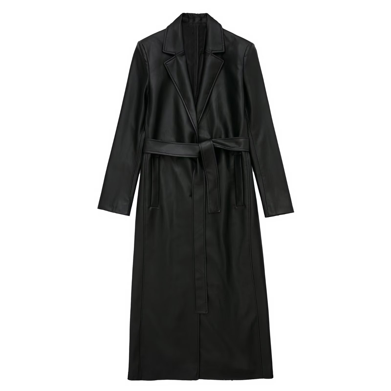 Dametøj mode temperament let velkendt imiteret læder PU sort lang windbreaker jakke kvinde_voghion.com