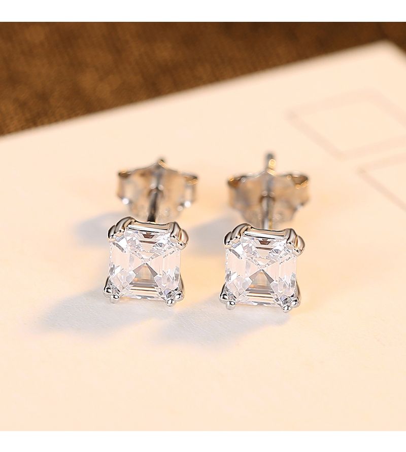 Cercei cu șurub Sterg Siler pentru femei, clasic, pătrat CZ, zirconiu mic, tăietură Asscher, cercei de petrecere pentru fete_voghion.com
