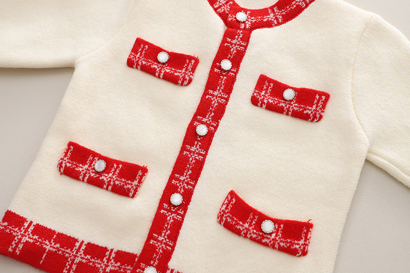 Jupe pull pour filles, petit style parfumé à finitions dorées, jupe deux pièces tricotée de style simple, cardigan à manches longues à la mode pour bébé fille_voghion.com