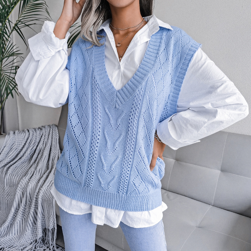 Pull tricoté à col en v pour femme, vêtement style Ins, ajouré et torsadé, collection automne et hiver 2023_voghion.com
