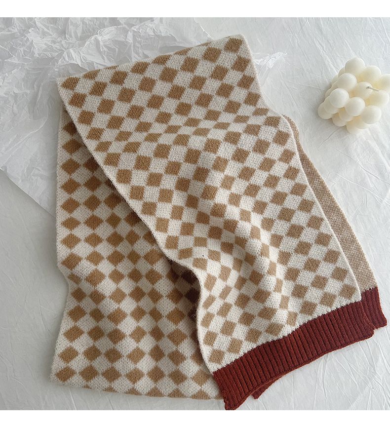 Versione coreana della sciarpa lavorata a maglia a quadri con diamanti di nicchia, versatile per autunno inverno, carina studentessa, calda e spessa_voghion.com