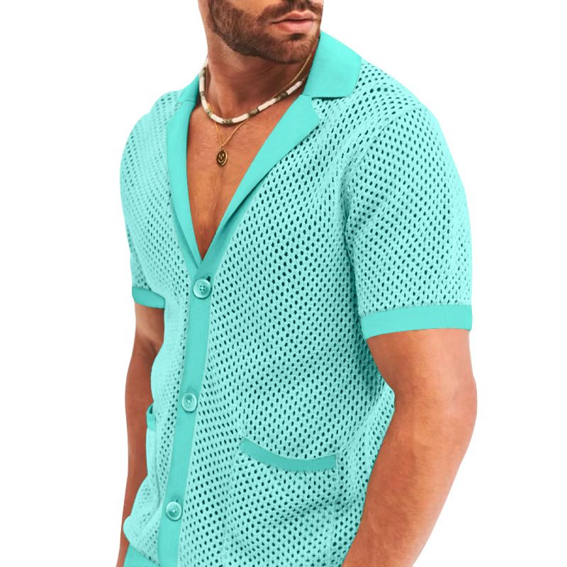 Herrenbekleidung Herrenmode aushöhlen durchsichtig cool lässig dünne Oberbekleidung Herren Kurzarm Shorts Set_voghion.com