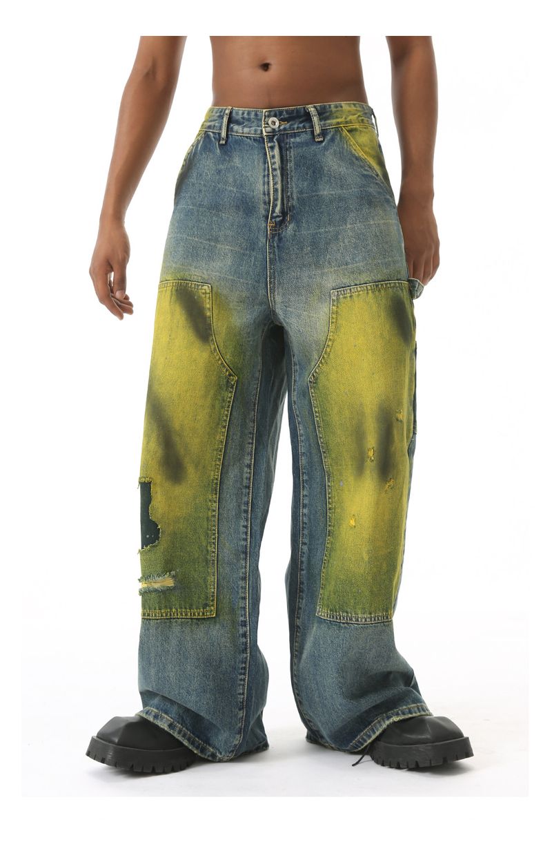EF JEANS | 2024 New Product, American High Street Loose Mopping Old Retro Tie-dye Ripped Jeans Tide_voghion.com