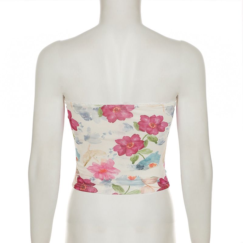 Damenbekleidung für Mädchen, pastoraler Stil, Blumendruck, plissiertes Netz-Tube-Top, süße Mode, sexy Spitze, Taillenform, kurzes Top_voghion.com