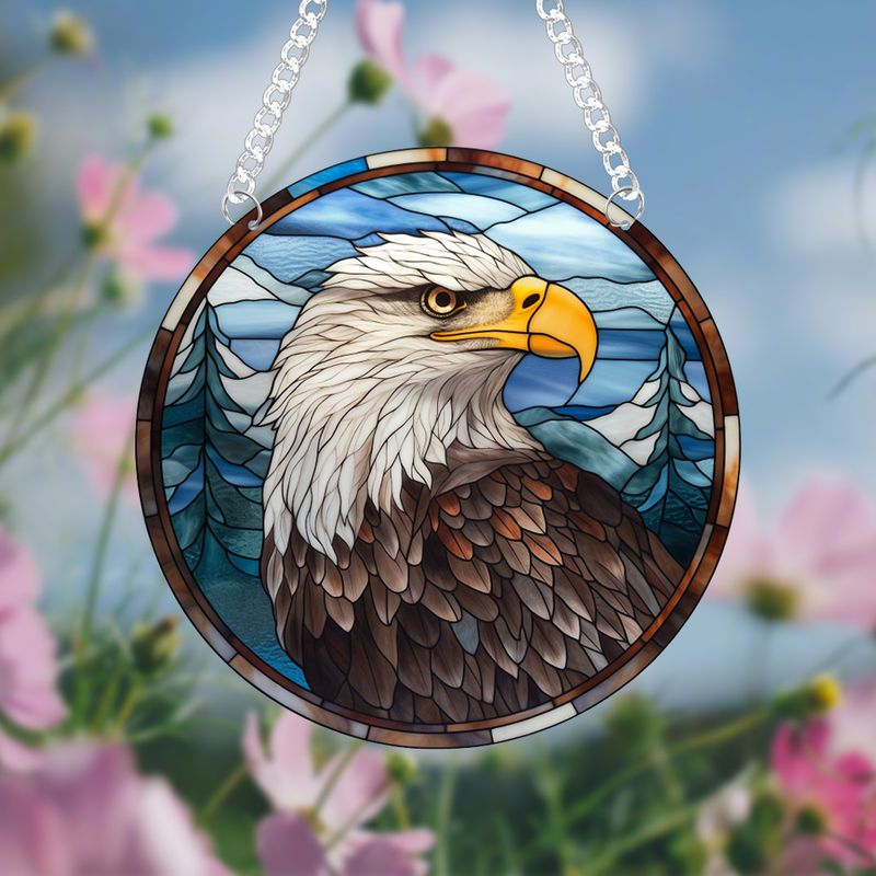 Pendentif attrape-soleil en acrylique imprimé recto verso en forme d'aigle léopard animal avec chaîne et ventouse_voghion.com