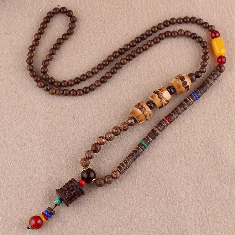 Collana lunga per maglione in stile etnico, ciondolo Bodhi, collana con perline di legno, accessori con ciondolo in cotone e lino per uomo e donna_voghion.com